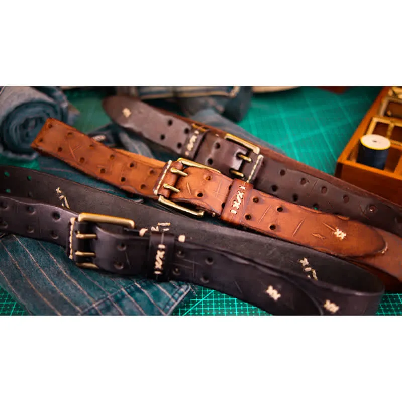 Men's Wide Double Pin Buckle Leather Belt