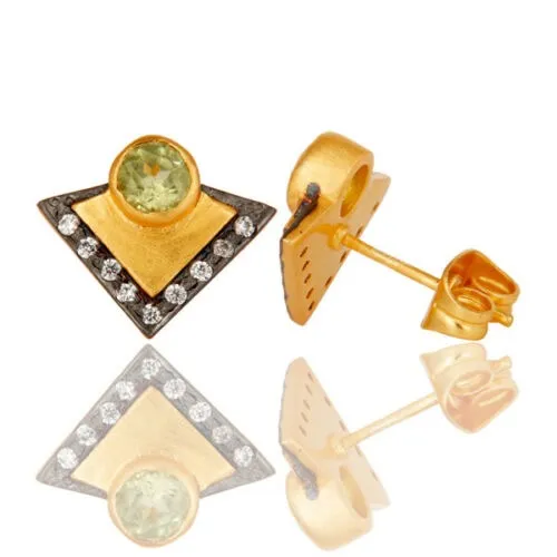 Modern Light Peridot and Black Rhodium Gemstones Gold Stud Earrings