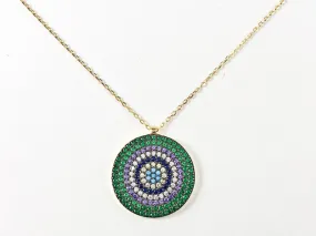 Modern Multi Row & Color Micro CZ Stones Circular Disc Gold Tone Silver Necklace