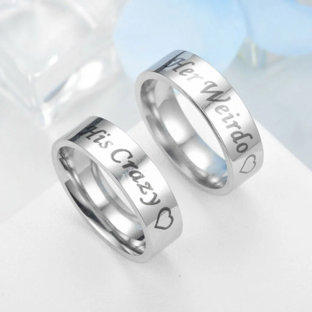 MRoyale™ Couple's Matching Stainless Steel 'His Crazy/Her Weirdo' Wedding Band Ring