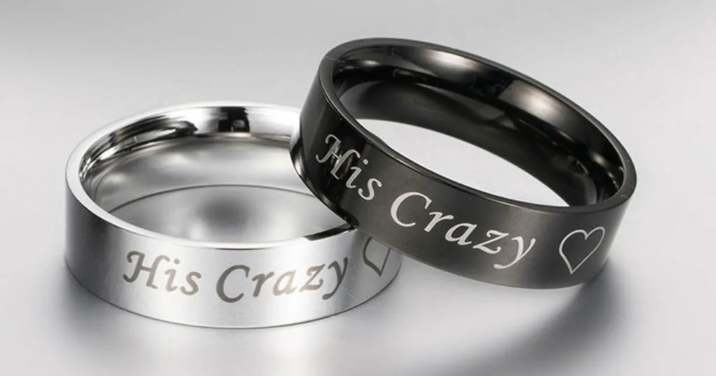 MRoyale™ Couple's Matching Stainless Steel 'His Crazy/Her Weirdo' Wedding Band Ring