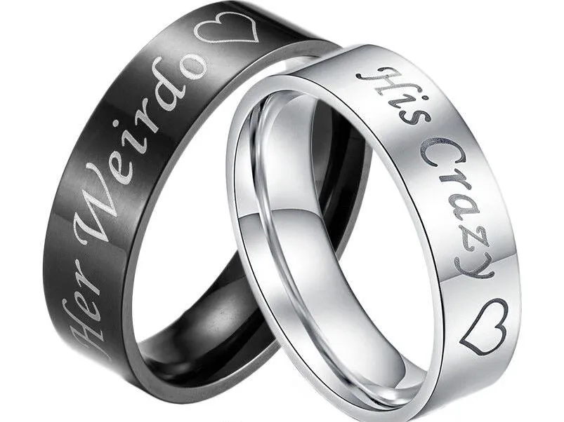 MRoyale™ Couple's Matching Stainless Steel 'His Crazy/Her Weirdo' Wedding Band Ring