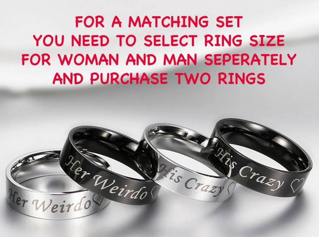 MRoyale™ Couple's Matching Stainless Steel 'His Crazy/Her Weirdo' Wedding Band Ring