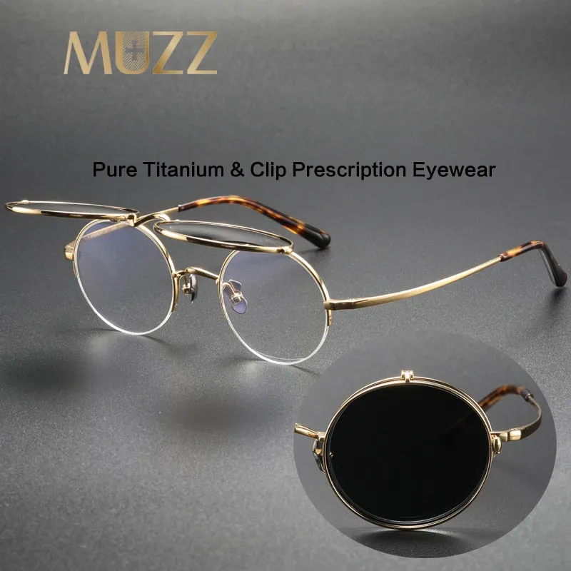 Muzz Unisex Semi Rim Round Titanium Eyeglasses Flip Up Polarized Sunglasses 54