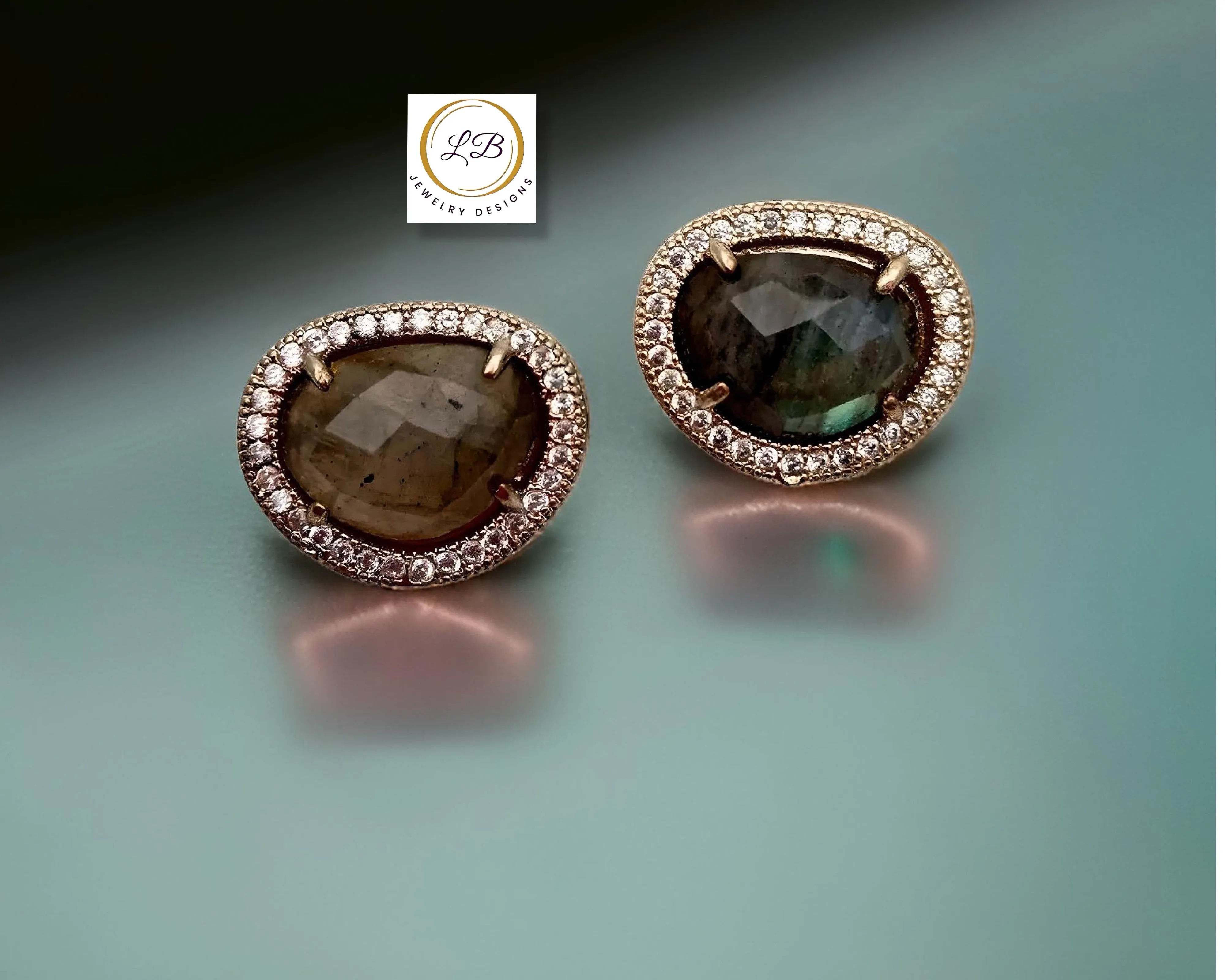 Natural Faceted Labradorite Bezel Set Pave Stud Earrings