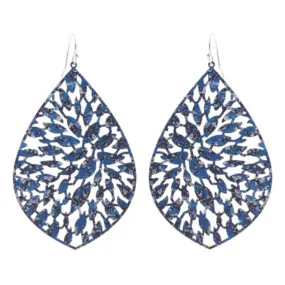 Navy Silver Teardrop Filigree Statement Earrings