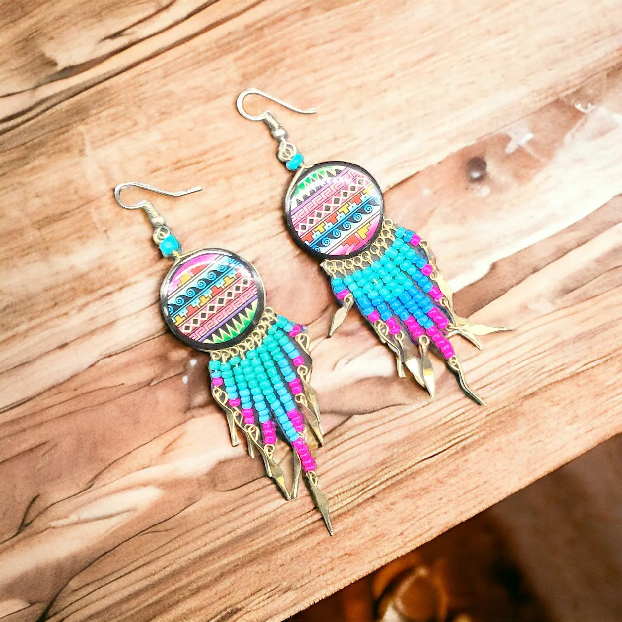 OldTribes™ Southwestern Round Green and Pink Earrings