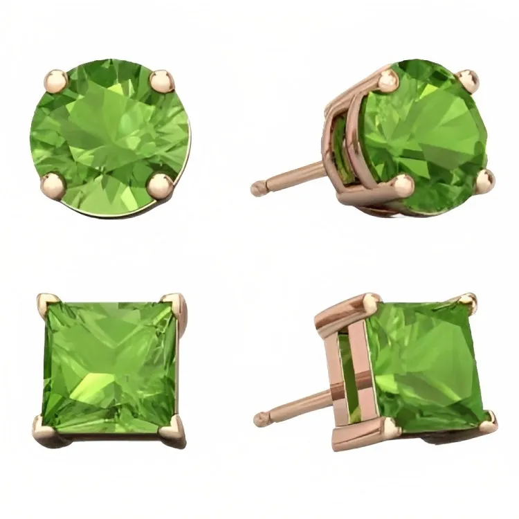 Paris Jewelry 18k Rose Gold 2 Pair Created Peridot 4mm, 6mm Round & Princess Cut Stud Earrings Plated