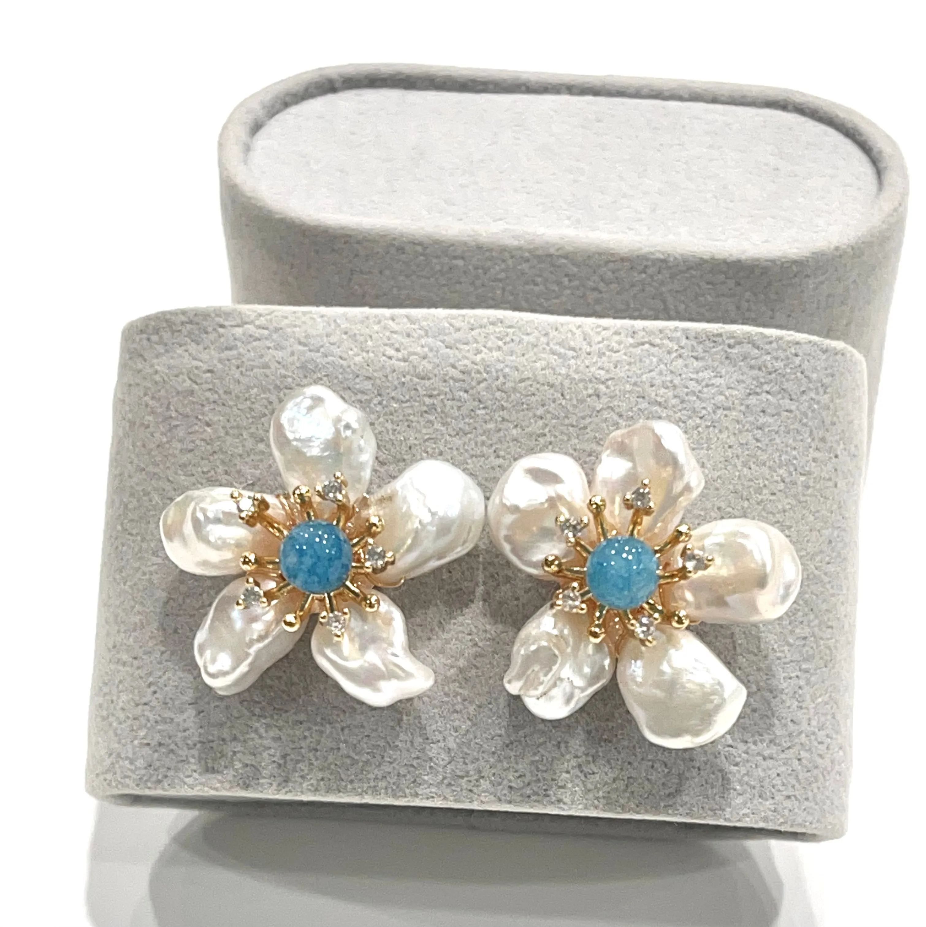 Pearl Petals and Aquamarine Flower Statement Earrings 1"