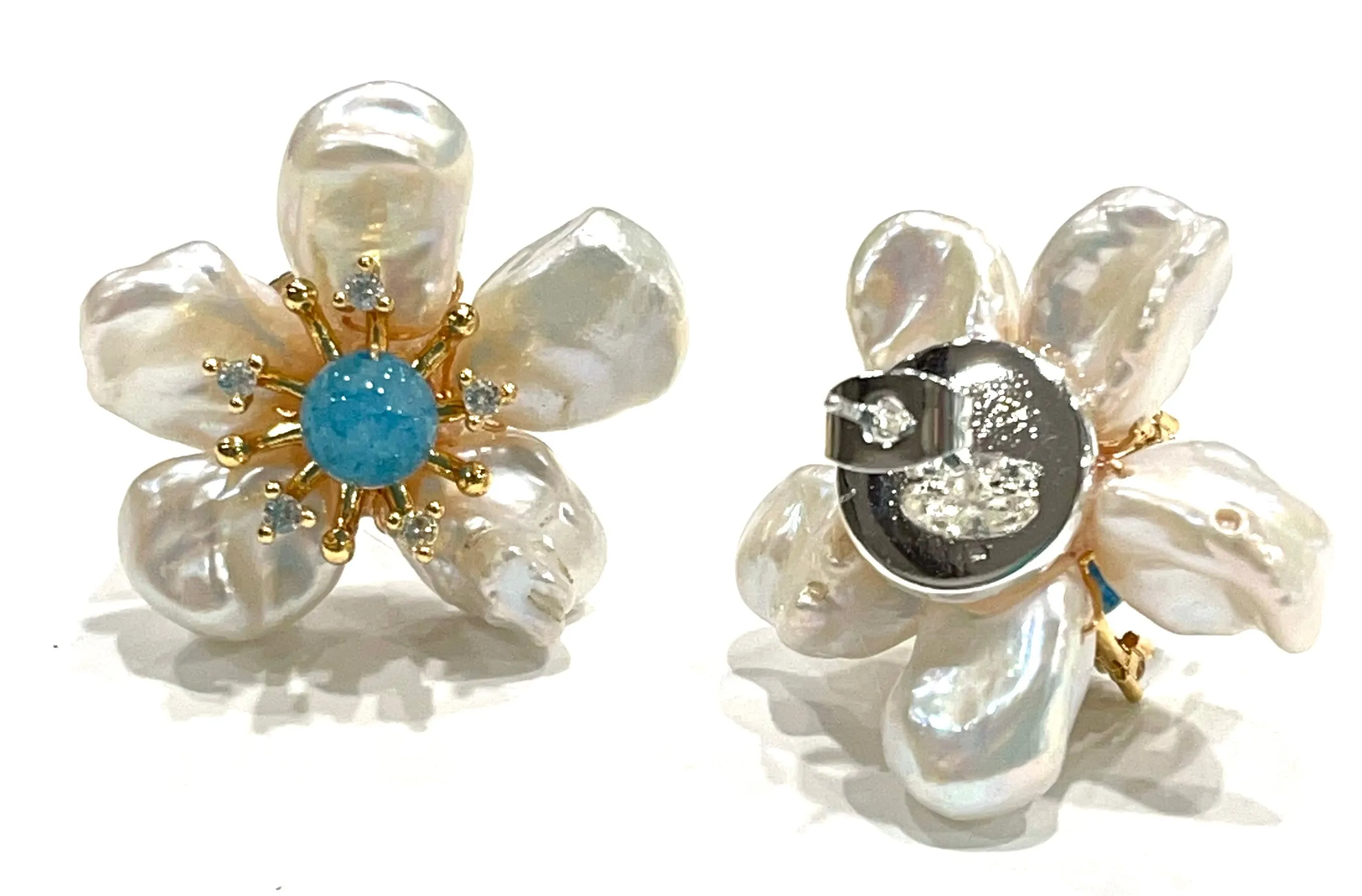 Pearl Petals and Aquamarine Flower Statement Earrings 1"