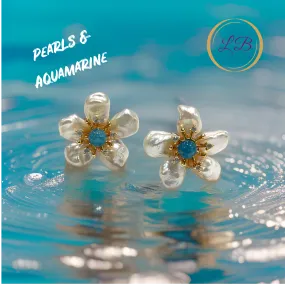 Pearl Petals and Aquamarine Flower Statement Earrings 1"