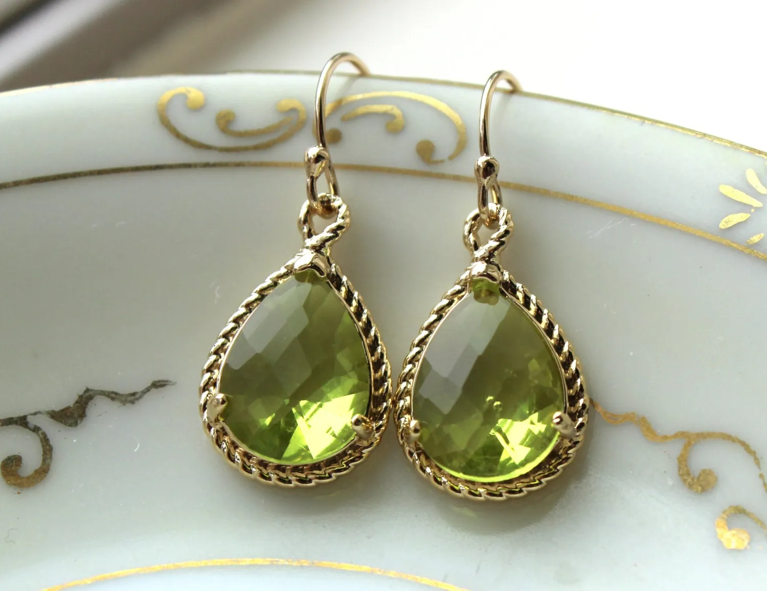 Peridot Earrings Gold Apple Green Jewelry Teardrop Gold Rope Style - Bridesmaid Earrings Wedding Jewelry Bridal Earrings Valentines Day Gift