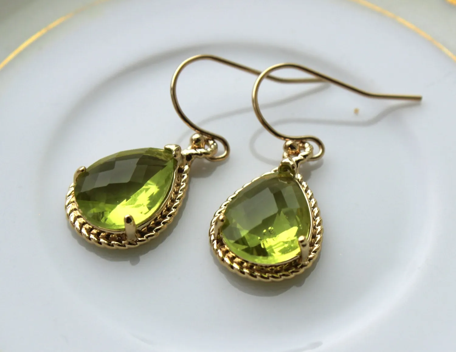 Peridot Earrings Gold Apple Green Jewelry Teardrop Gold Rope Style - Bridesmaid Earrings Wedding Jewelry Bridal Earrings Valentines Day Gift