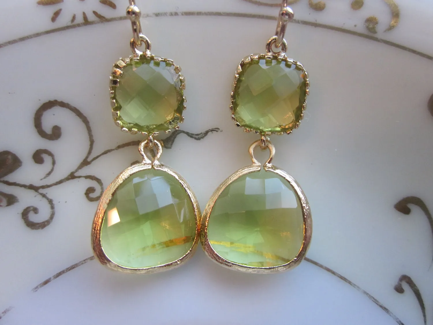 Peridot Earrings Green Apple Two Tier Gold Plated - Bridesmaid Earrings Wedding Earrings Valentines Day Gift