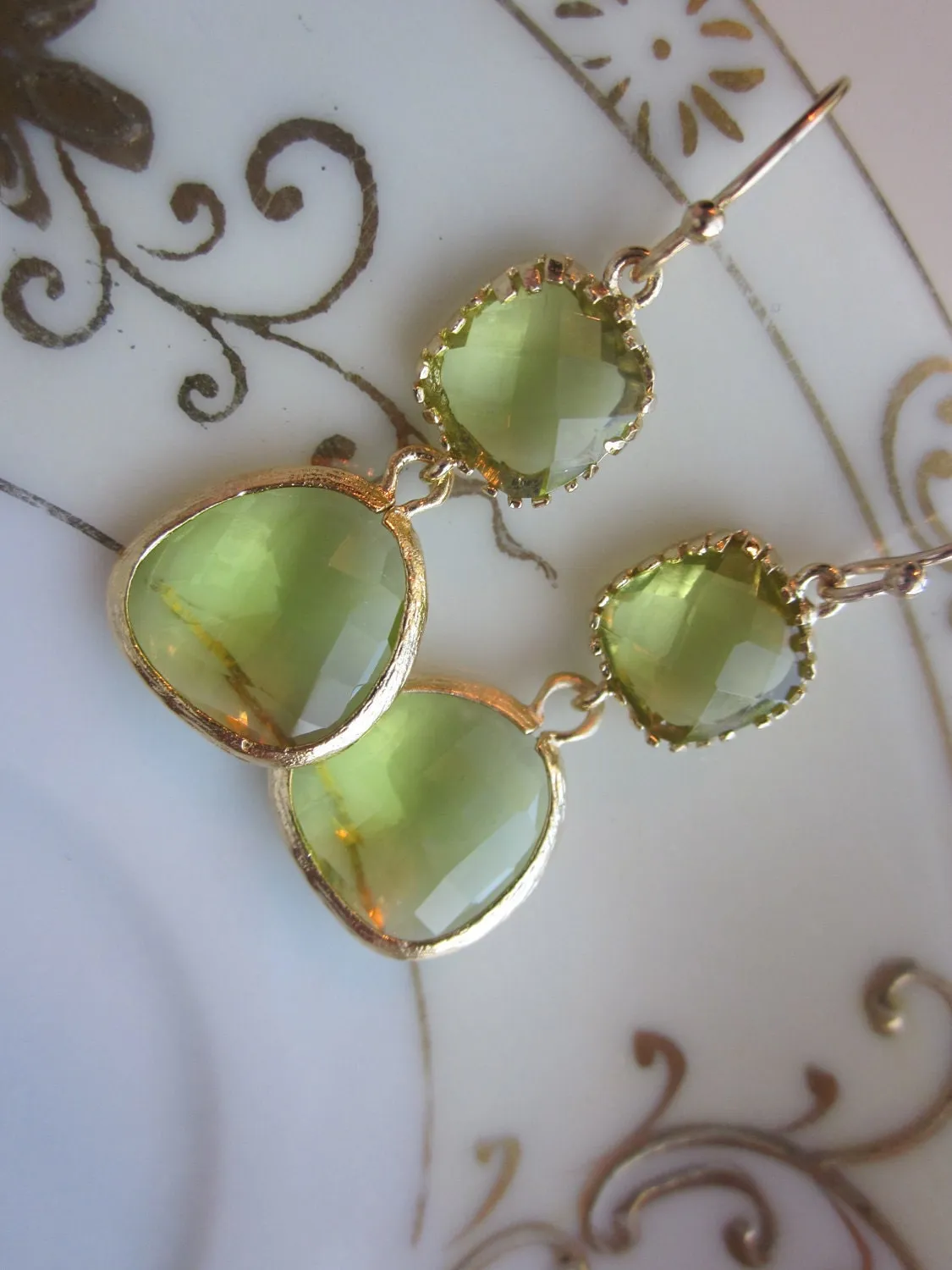 Peridot Earrings Green Apple Two Tier Gold Plated - Bridesmaid Earrings Wedding Earrings Valentines Day Gift