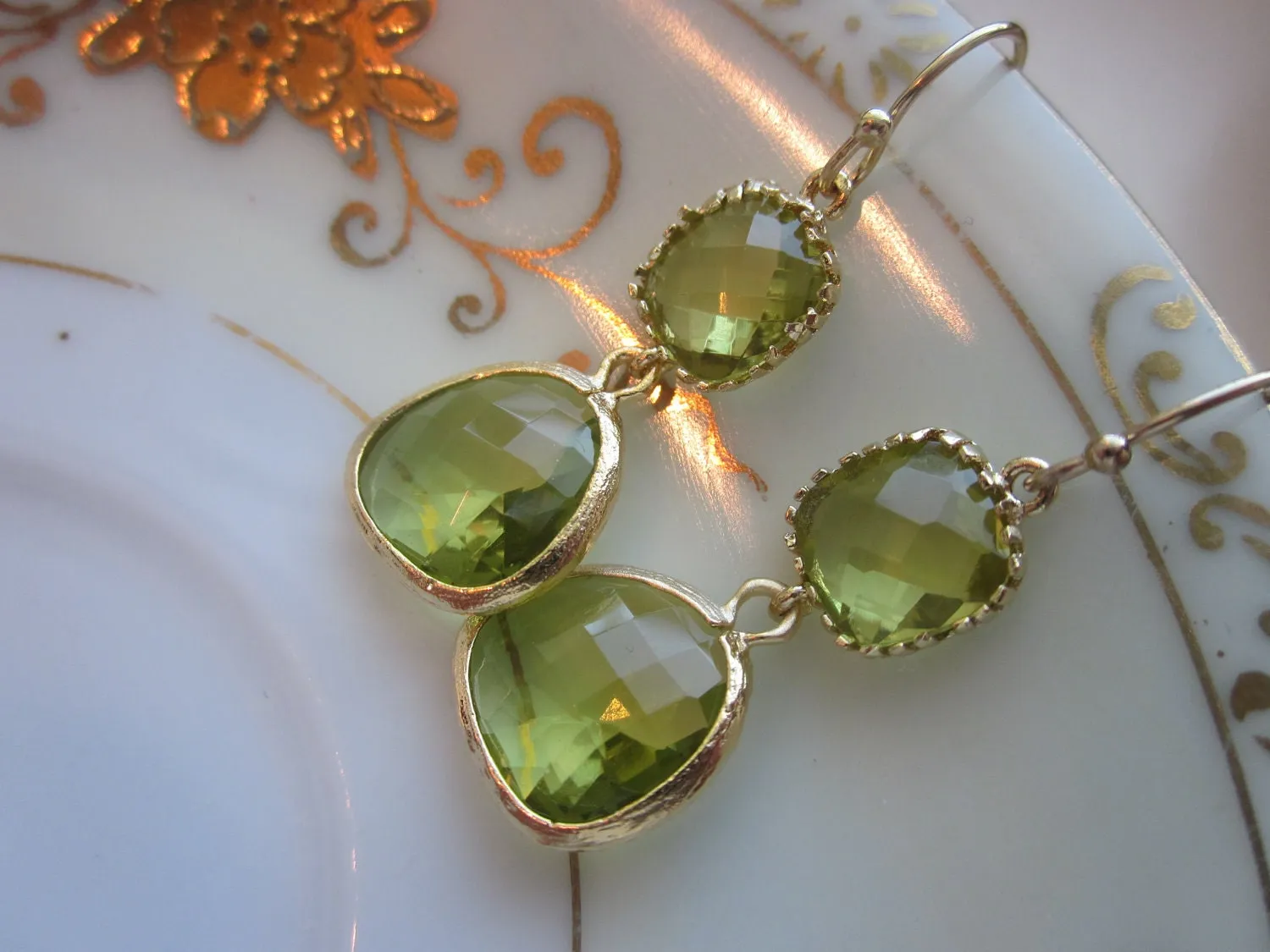 Peridot Earrings Green Apple Two Tier Gold Plated - Bridesmaid Earrings Wedding Earrings Valentines Day Gift