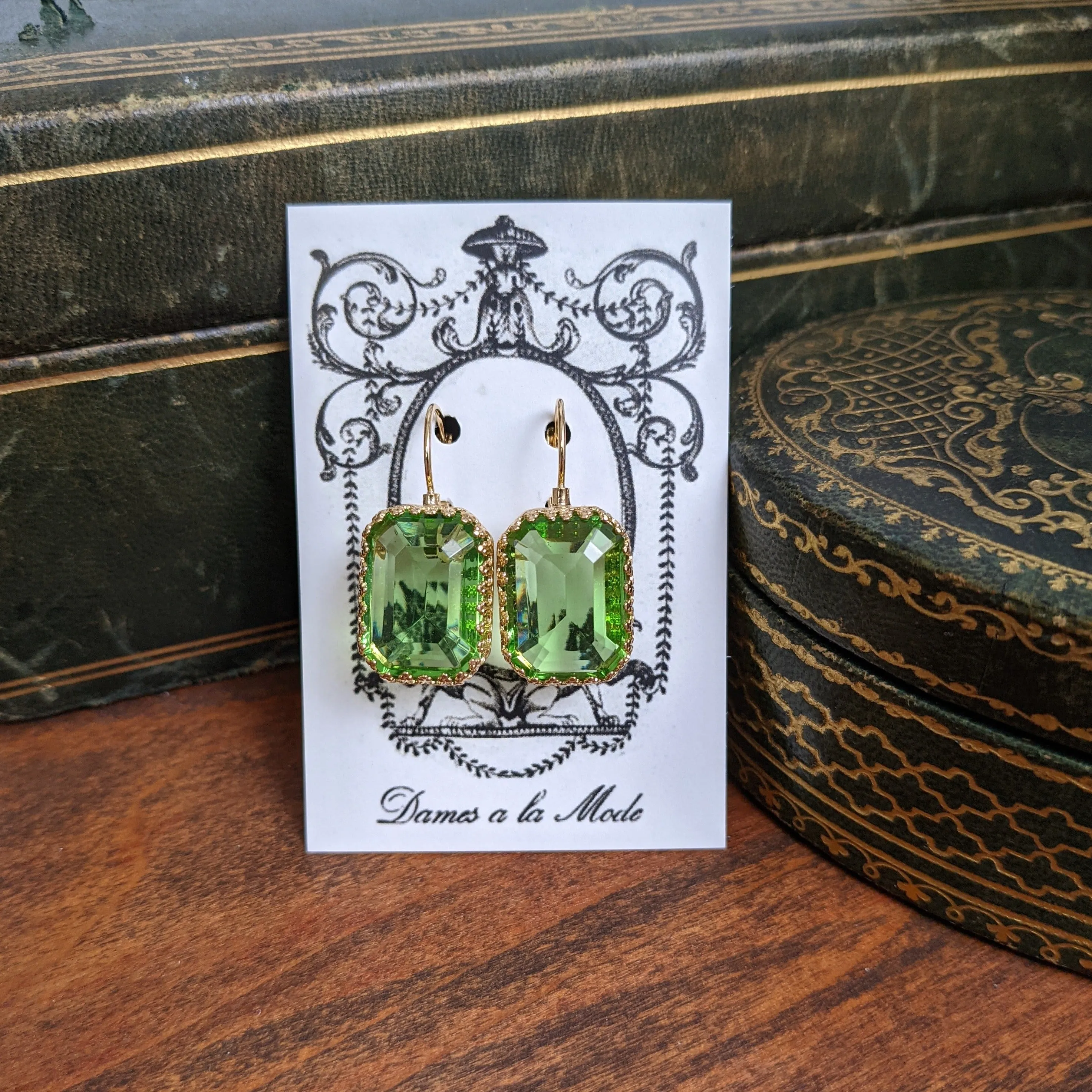 Peridot Green Swarovski Earrings - Large Octagon Crown