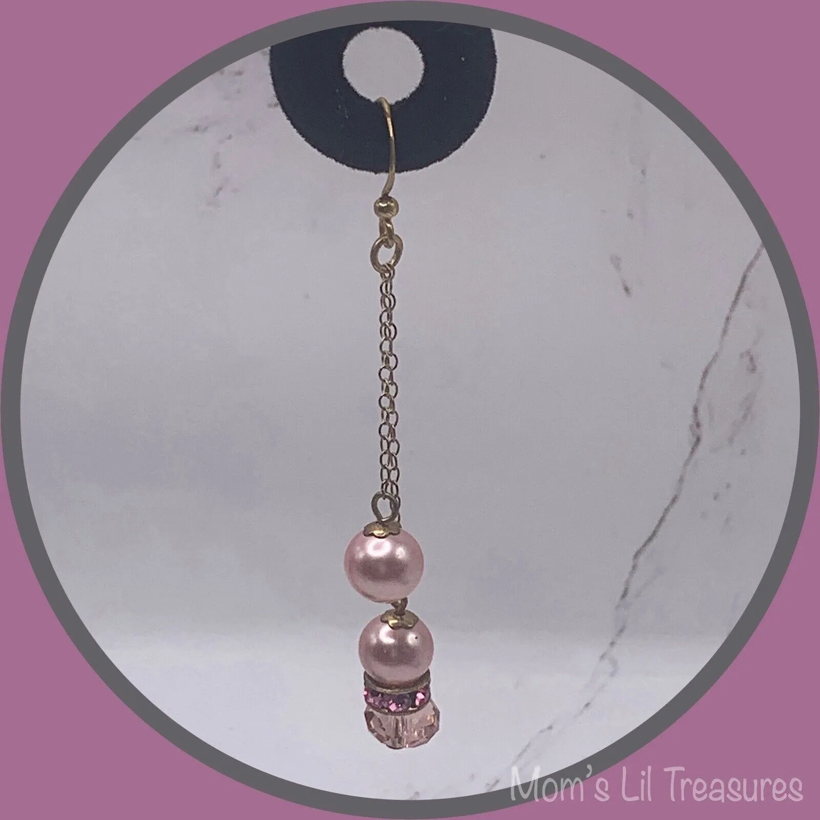 Pink Crystal Faux Pearl Rhinestone Gold Tone Chain • Dangle Earrings - Handmade