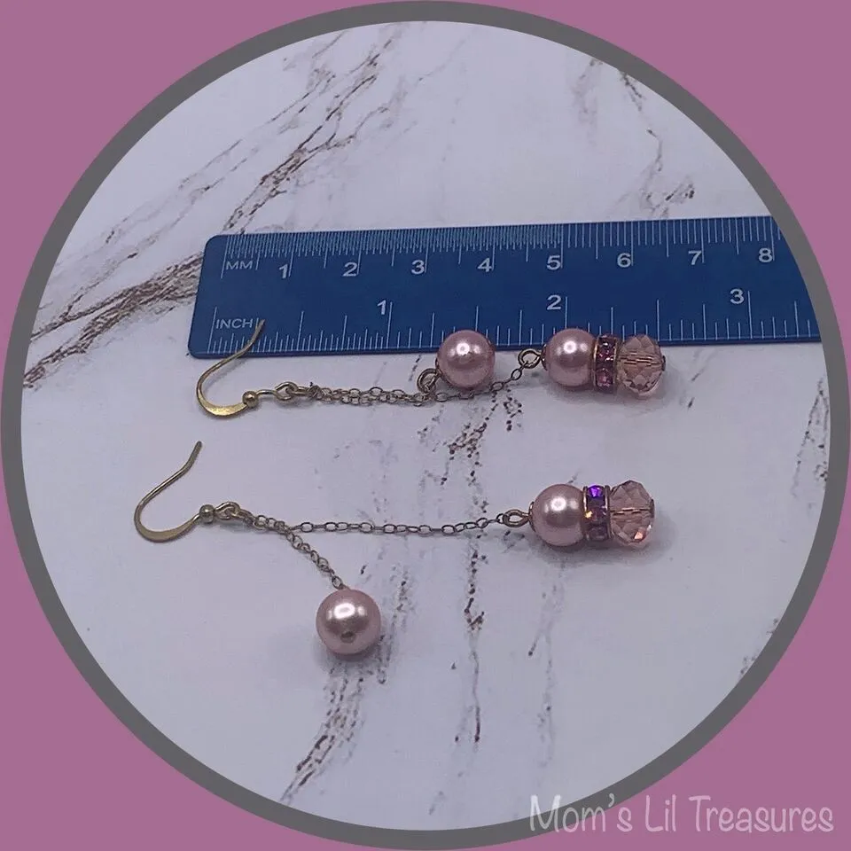 Pink Crystal Faux Pearl Rhinestone Gold Tone Chain • Dangle Earrings - Handmade