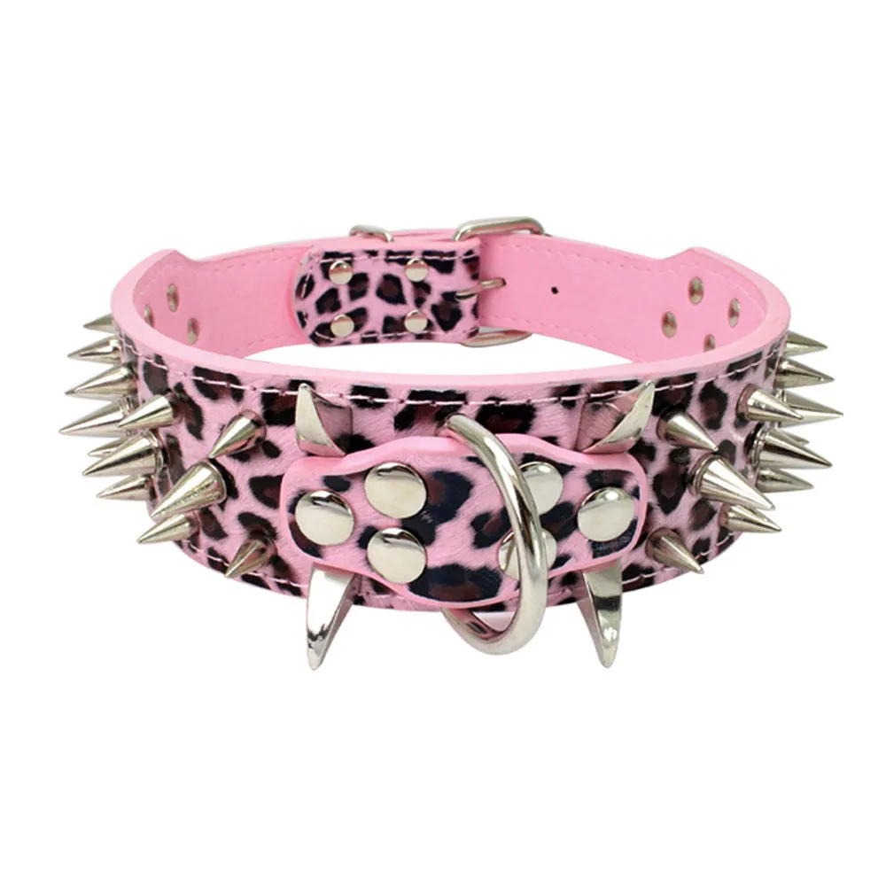 Pink/Brown Leopard Print Leather Collar w/ Silver Spikes and D Ring Detail