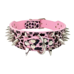 Pink/Brown Leopard Print Leather Collar w/ Silver Spikes and D Ring Detail