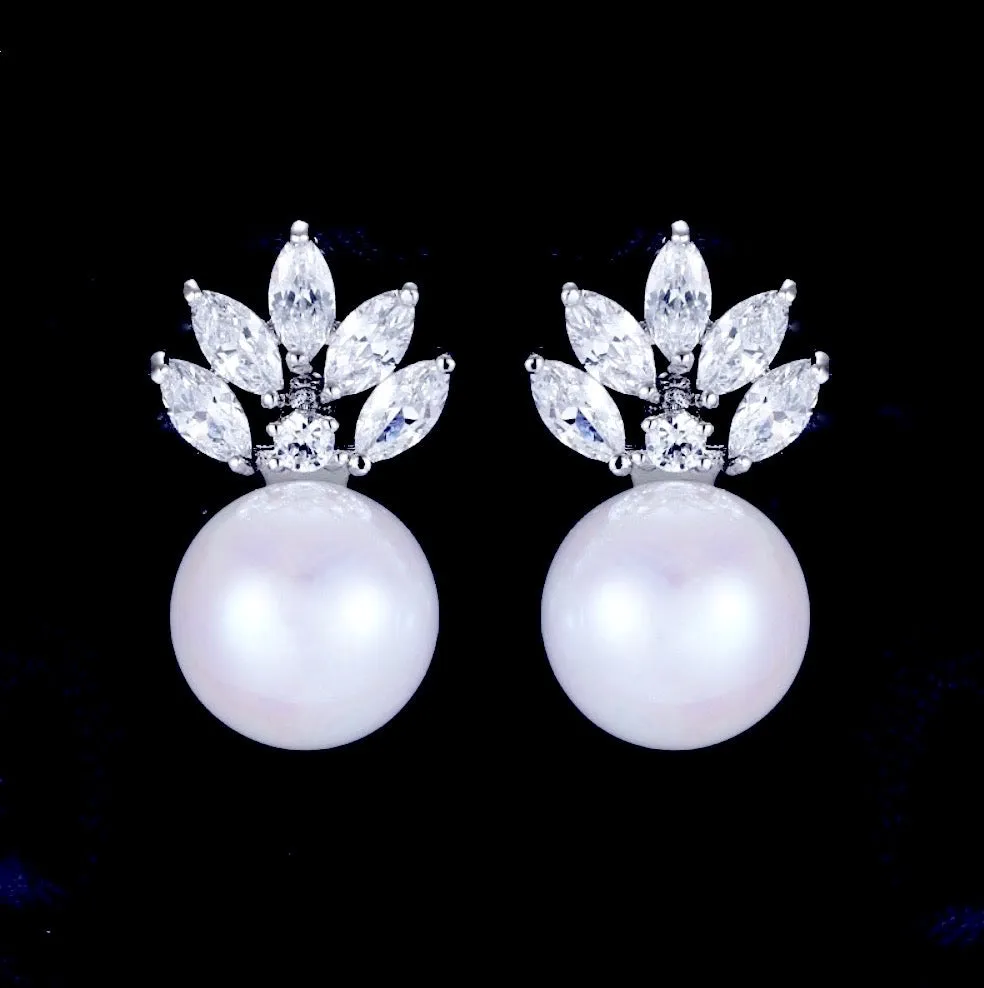 "Catherine" - Pearl and Cubic Zirconia Bridal Earrings