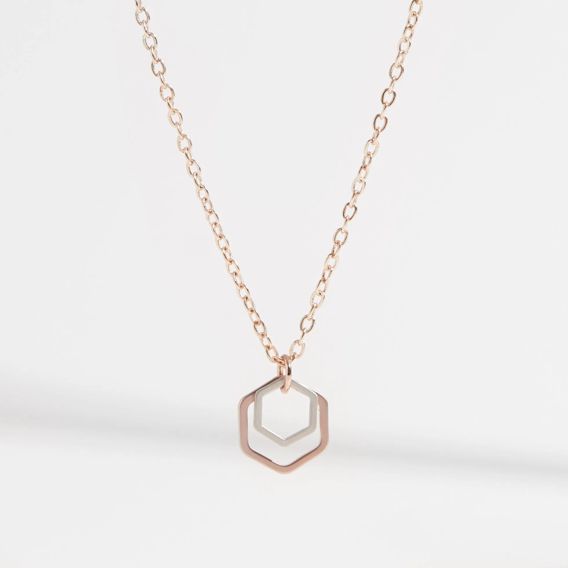 "Le Contour" Mini Hexagon Rose Gold and Silver Mixed Metal Necklace