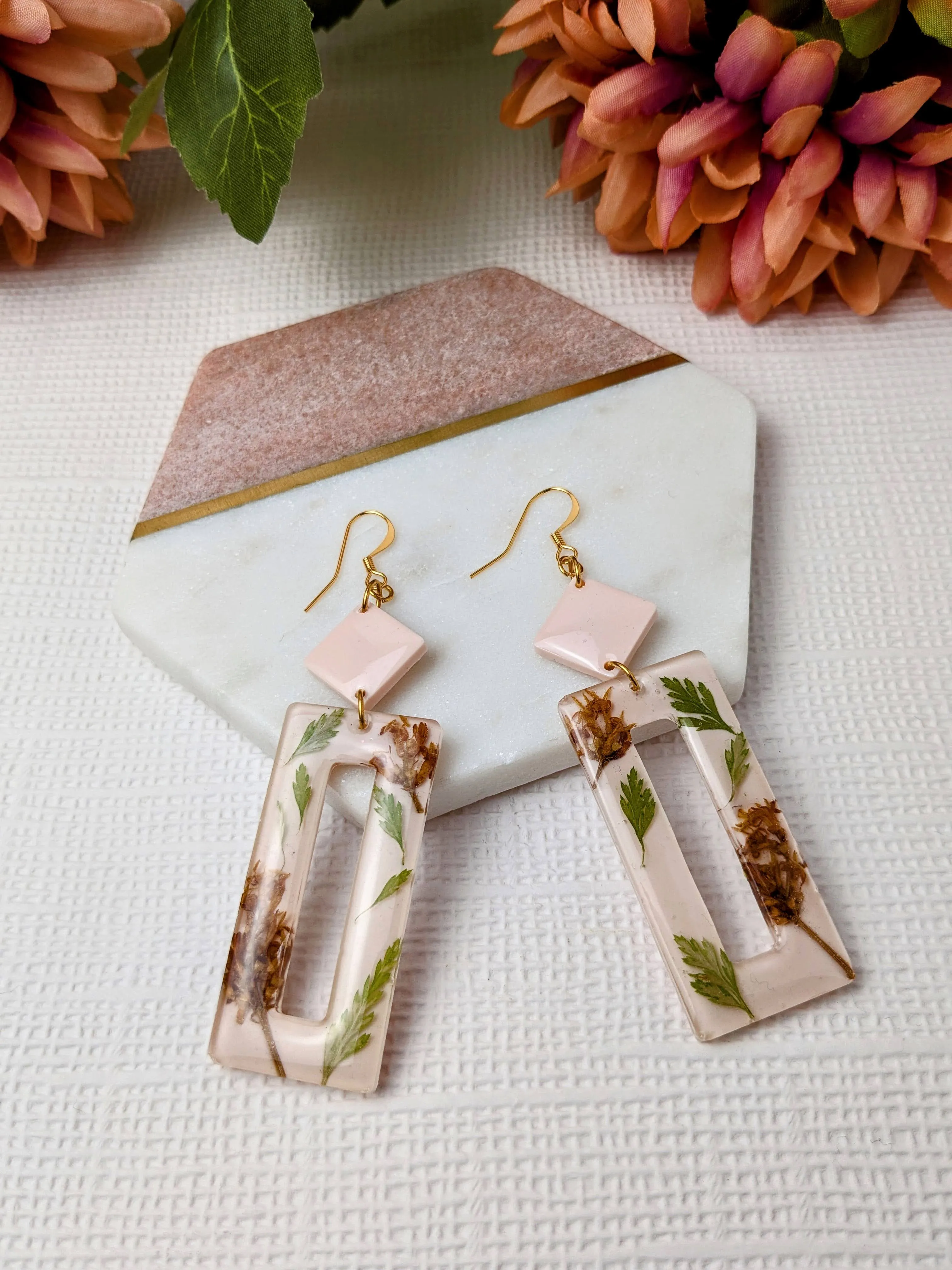 "Peyton" Orange Stem Real Flowers with Leaves on Cream Dangle Earrings