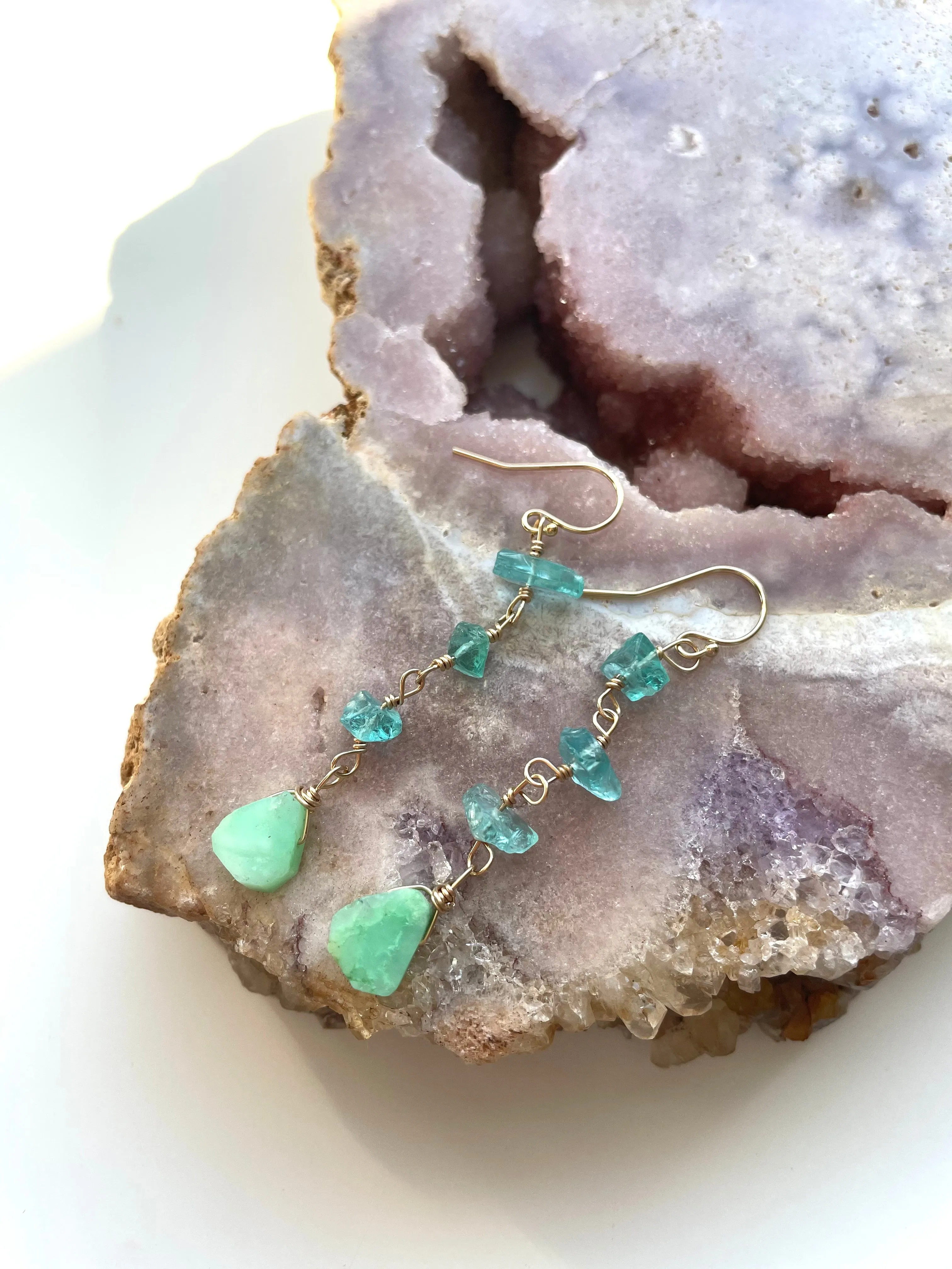 Raw Crystal Earrings - Apatite Chrysoprase Gold Filled