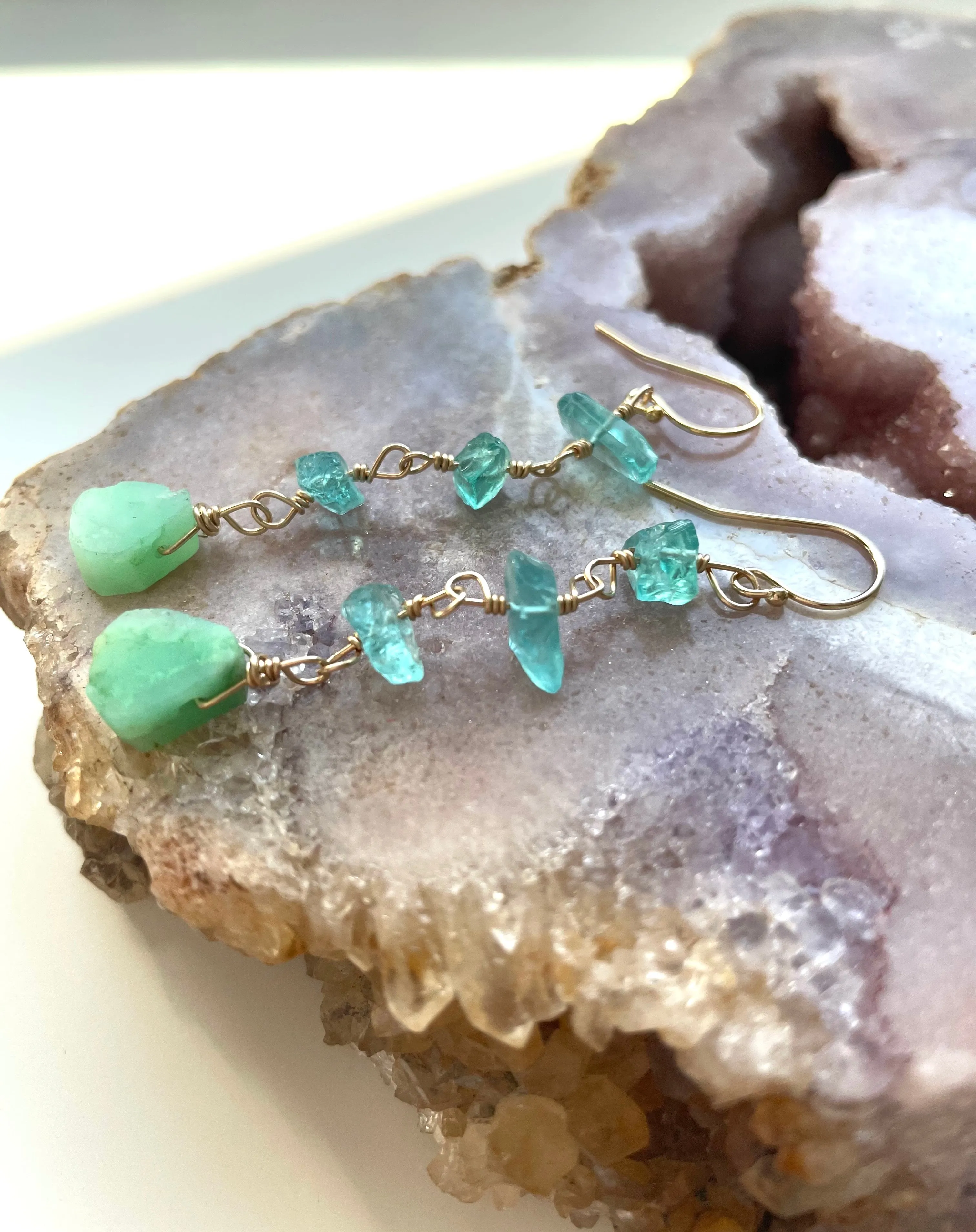 Raw Crystal Earrings - Apatite Chrysoprase Gold Filled