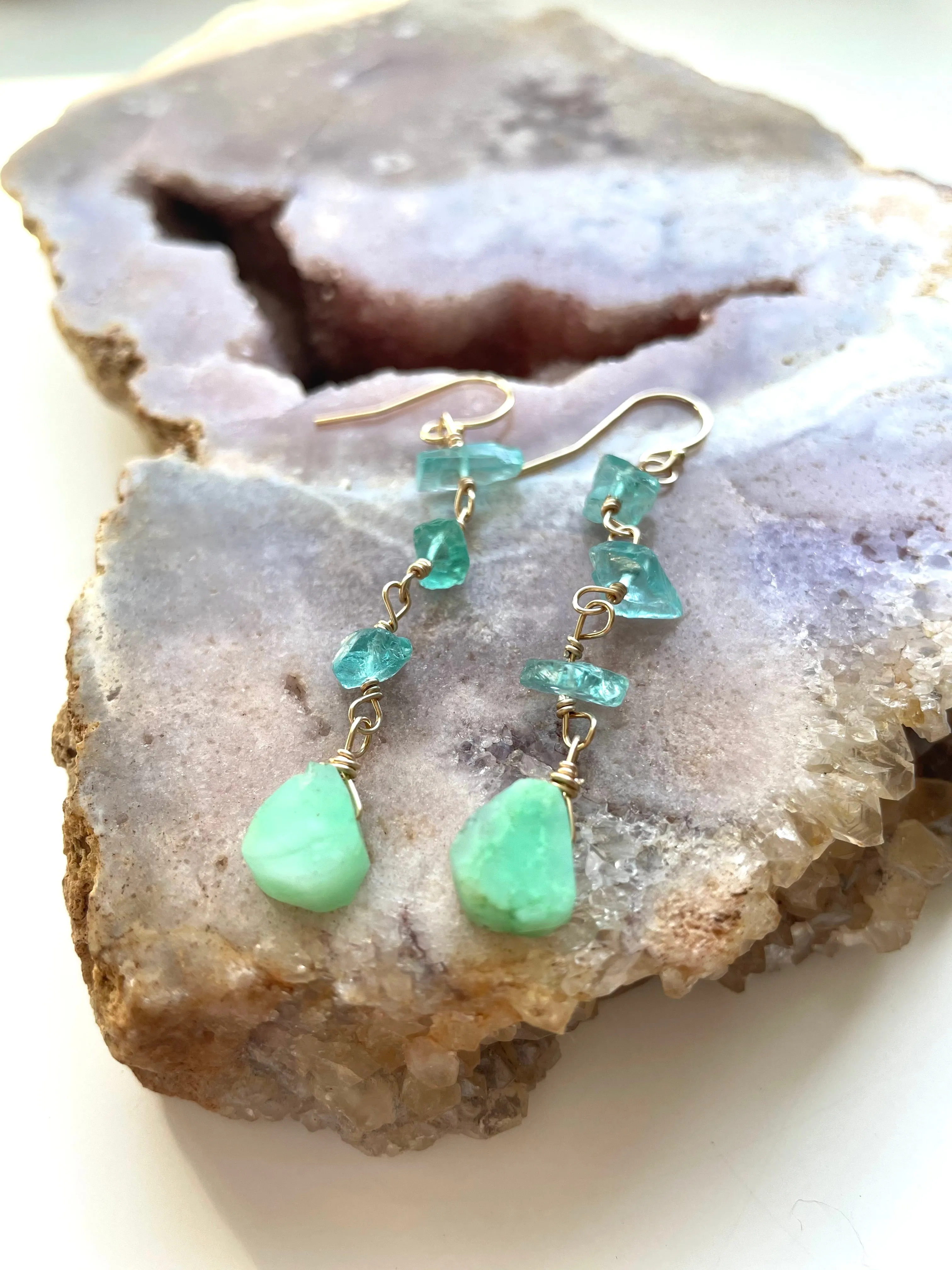 Raw Crystal Earrings - Apatite Chrysoprase Gold Filled