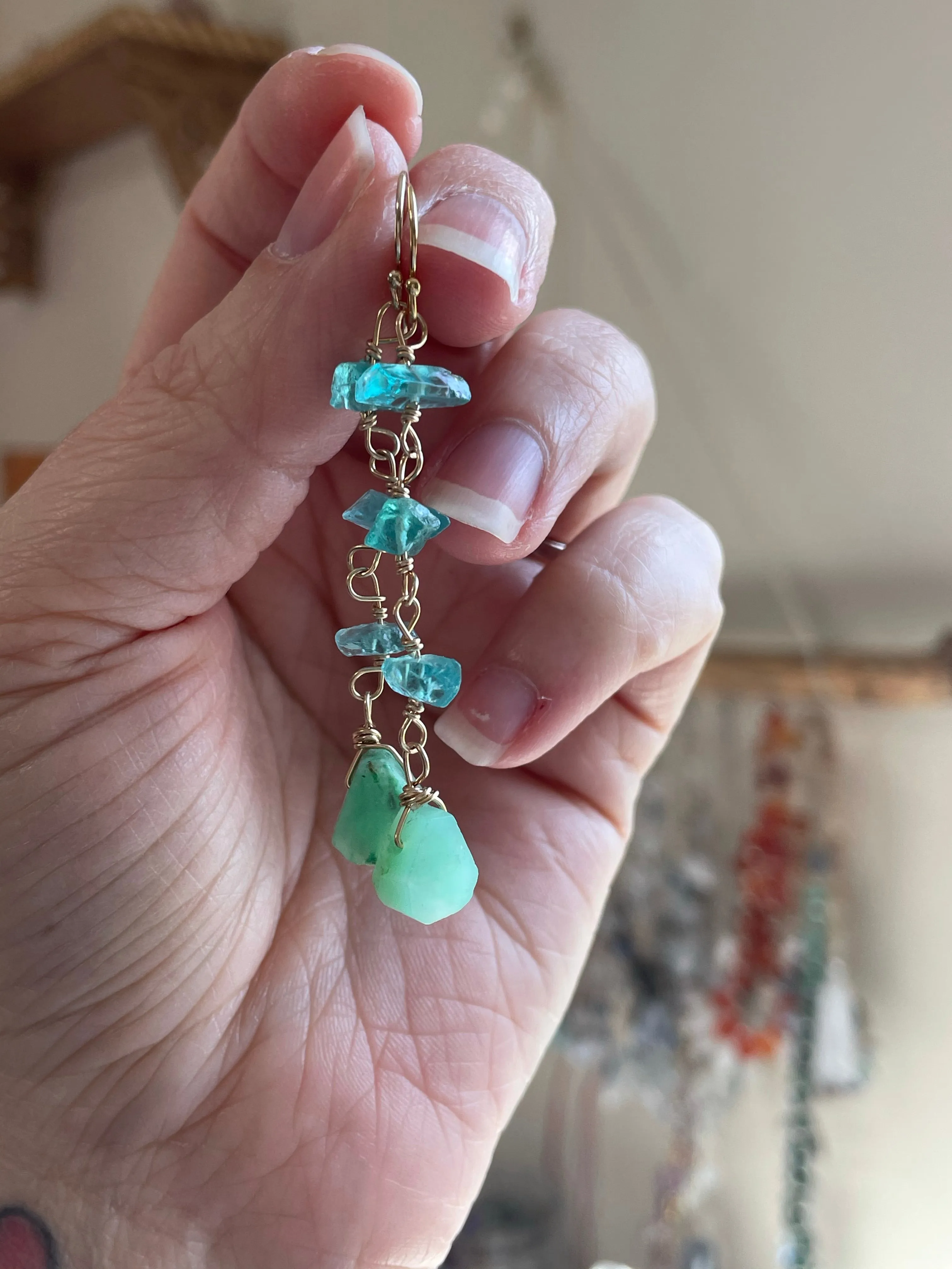 Raw Crystal Earrings - Apatite Chrysoprase Gold Filled