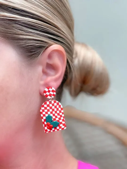 Red & White Checkered Clay Dangle Earrings