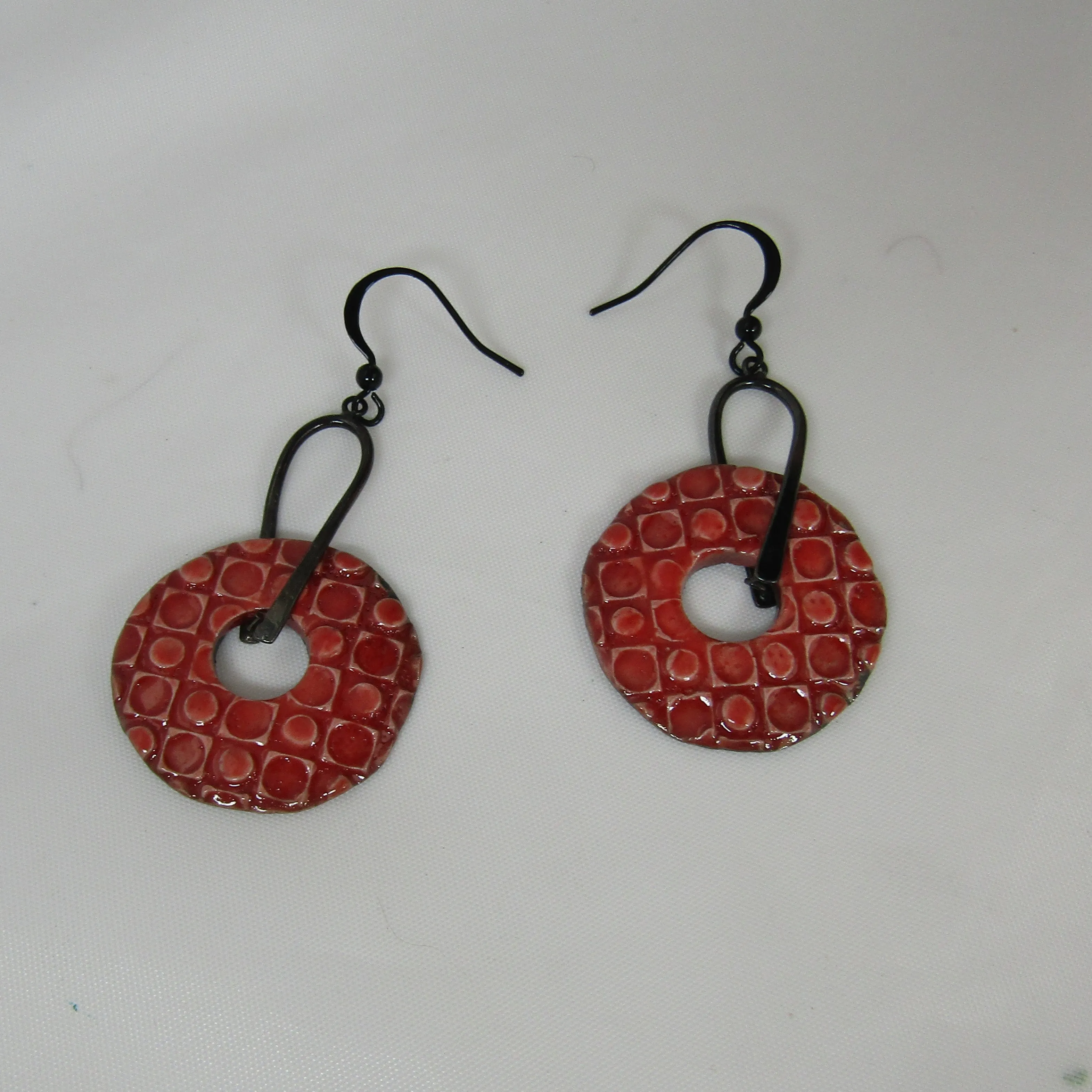 Red Artisan Handmade Earrings Raku Glaze Gunmetal Ear Wires