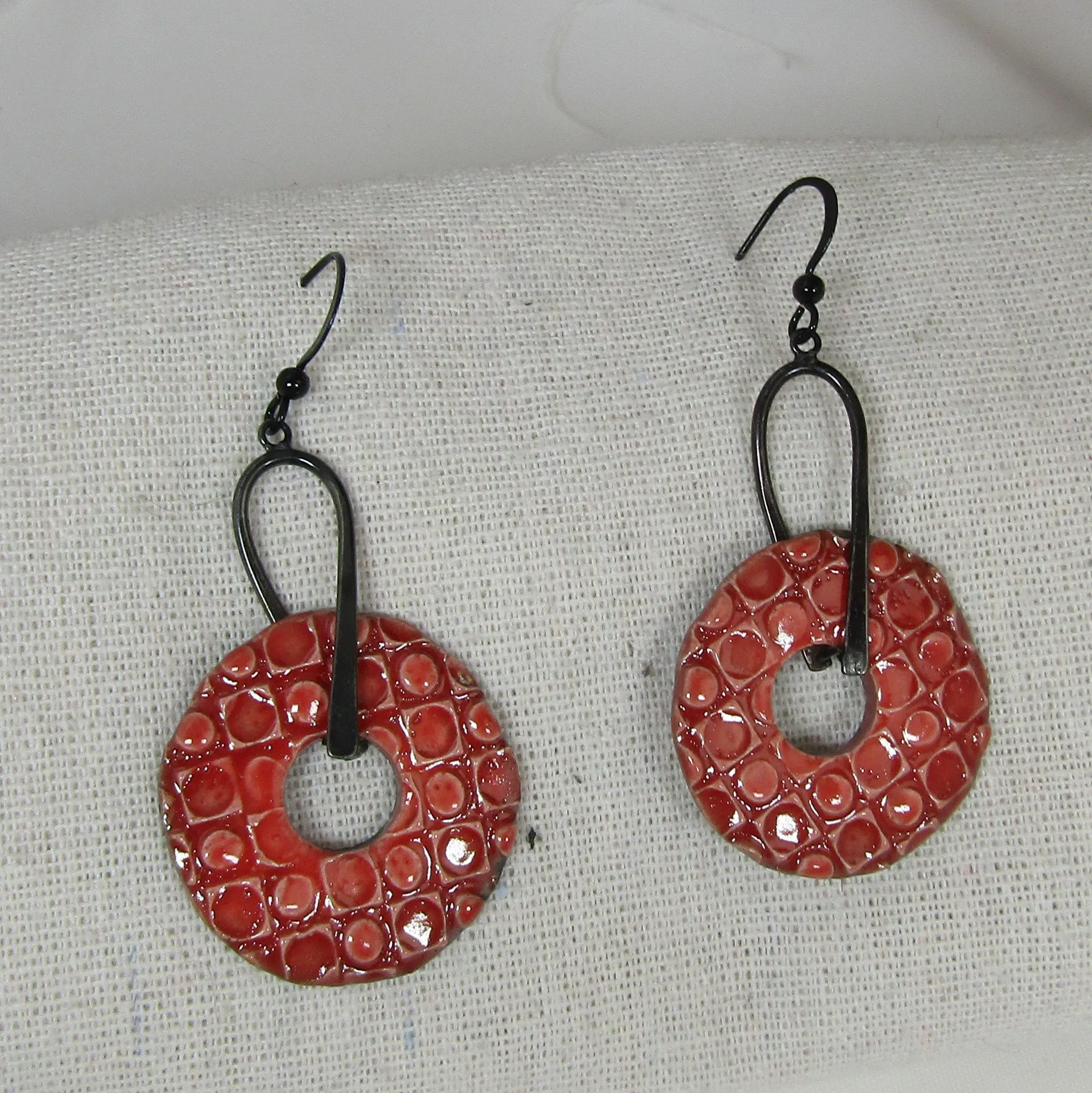 Red Artisan Handmade Earrings Raku Glaze Gunmetal Ear Wires