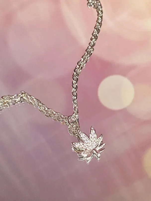 Rhinestone Leaf Necklace - Silver