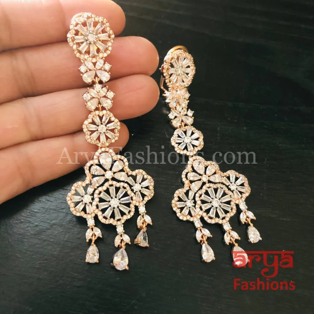 Rose Gold CZ Cocktail Earrings / Silver Cubic Zirconia Chandelier Earrings