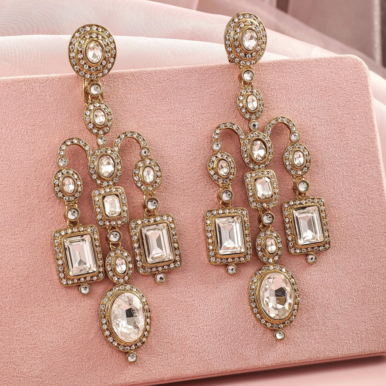 Rubans 22K Mehndi Gold-Plated Crystal White Cubic Zirconia Studded Chandelier Earrings