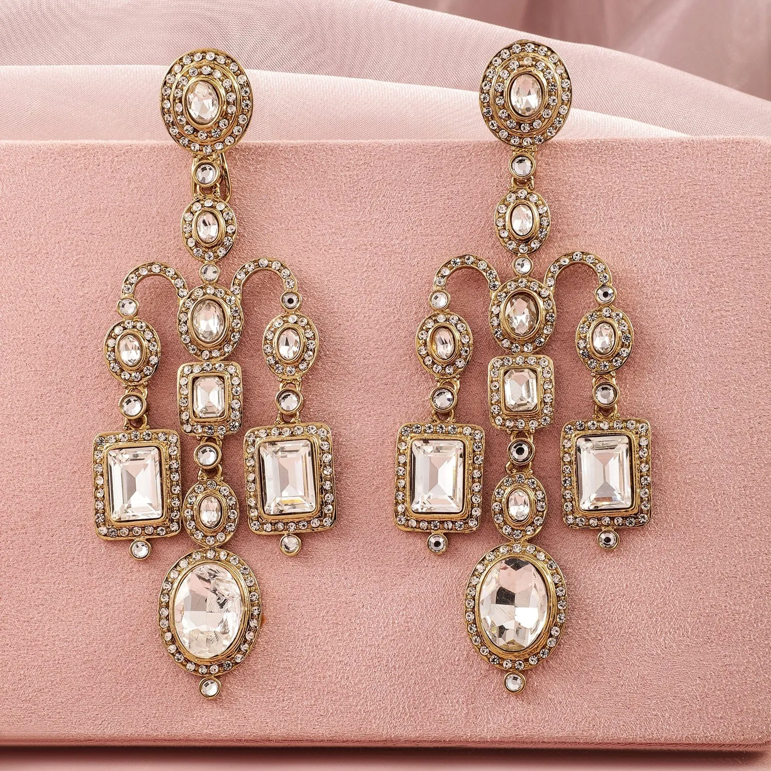 Rubans 22K Mehndi Gold-Plated Crystal White Cubic Zirconia Studded Chandelier Earrings