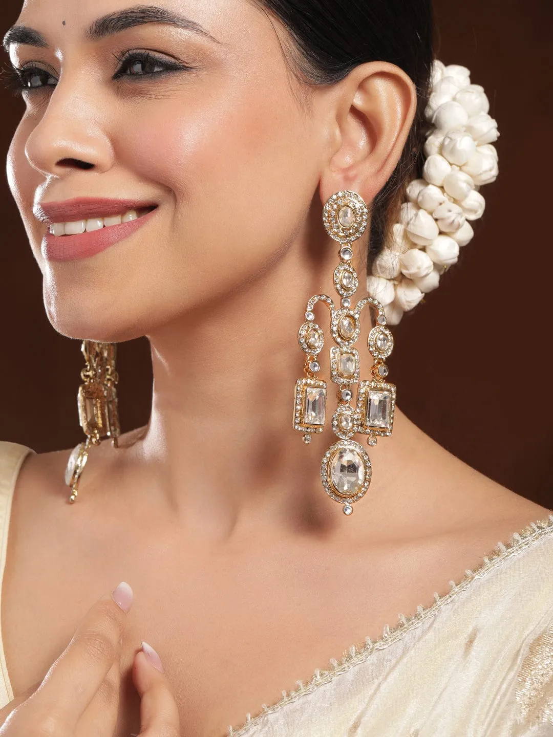 Rubans 22K Mehndi Gold-Plated Crystal White Cubic Zirconia Studded Chandelier Earrings