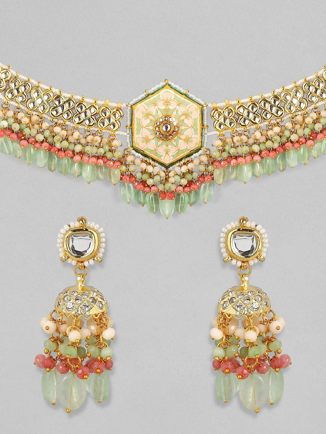 Rubans Luxury 24K Gold Plated Handcrafted Enamel & Pachi Kundan with Green Beads Choker Set