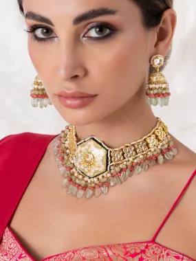 Rubans Luxury 24K Gold Plated Handcrafted Enamel & Pachi Kundan with Green Beads Choker Set