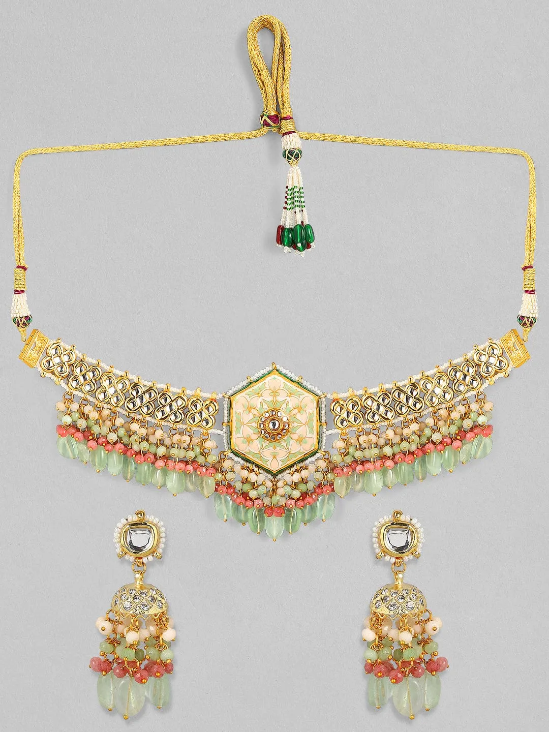 Rubans Luxury 24K Gold Plated Handcrafted Enamel & Pachi Kundan with Green Beads Choker Set