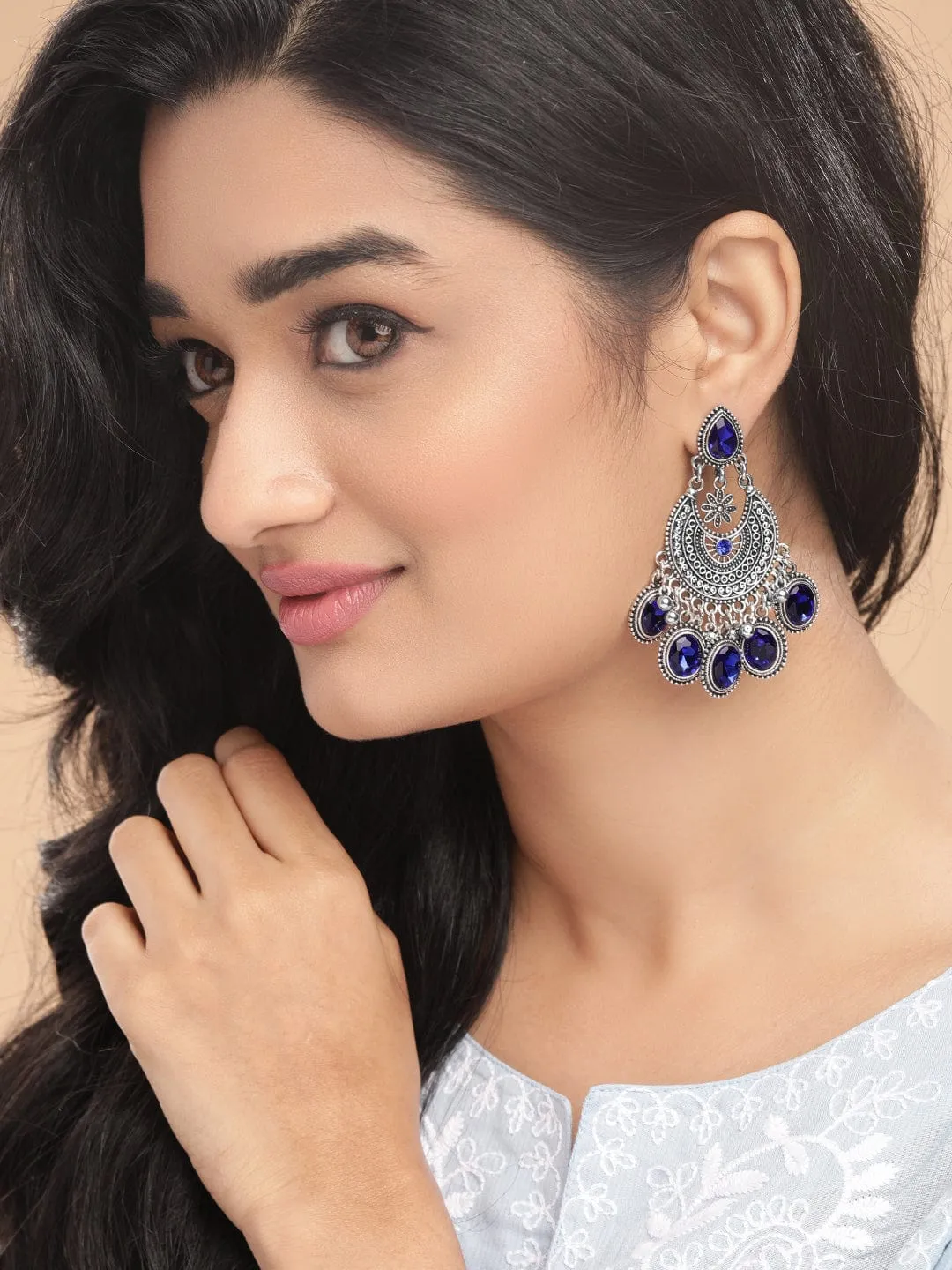 Rubans Oxidized Silver-Plated Blue AD Stone Studded Chandelier Earrings