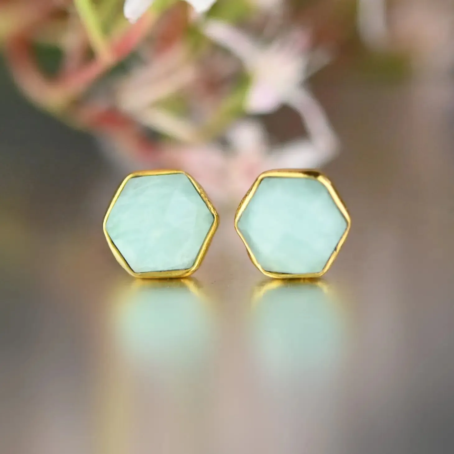 Semi Precious Hexagon Gemstone Studs