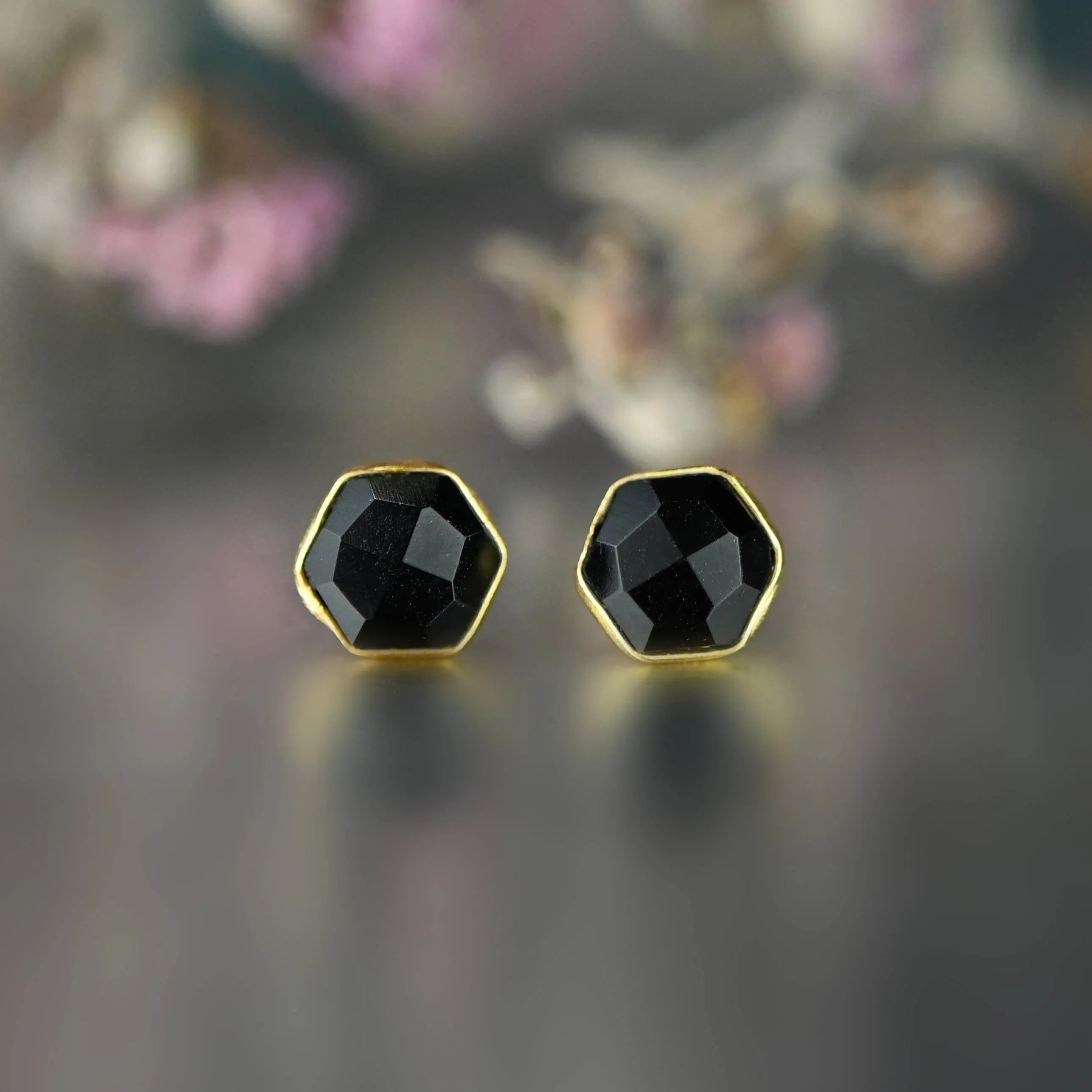 Semi Precious Hexagon Gemstone Studs