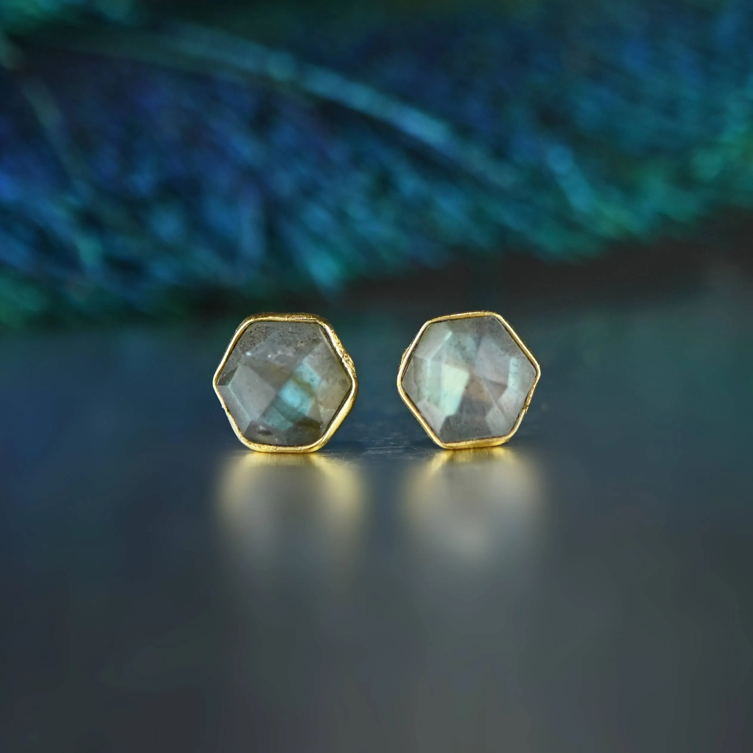 Semi Precious Hexagon Gemstone Studs