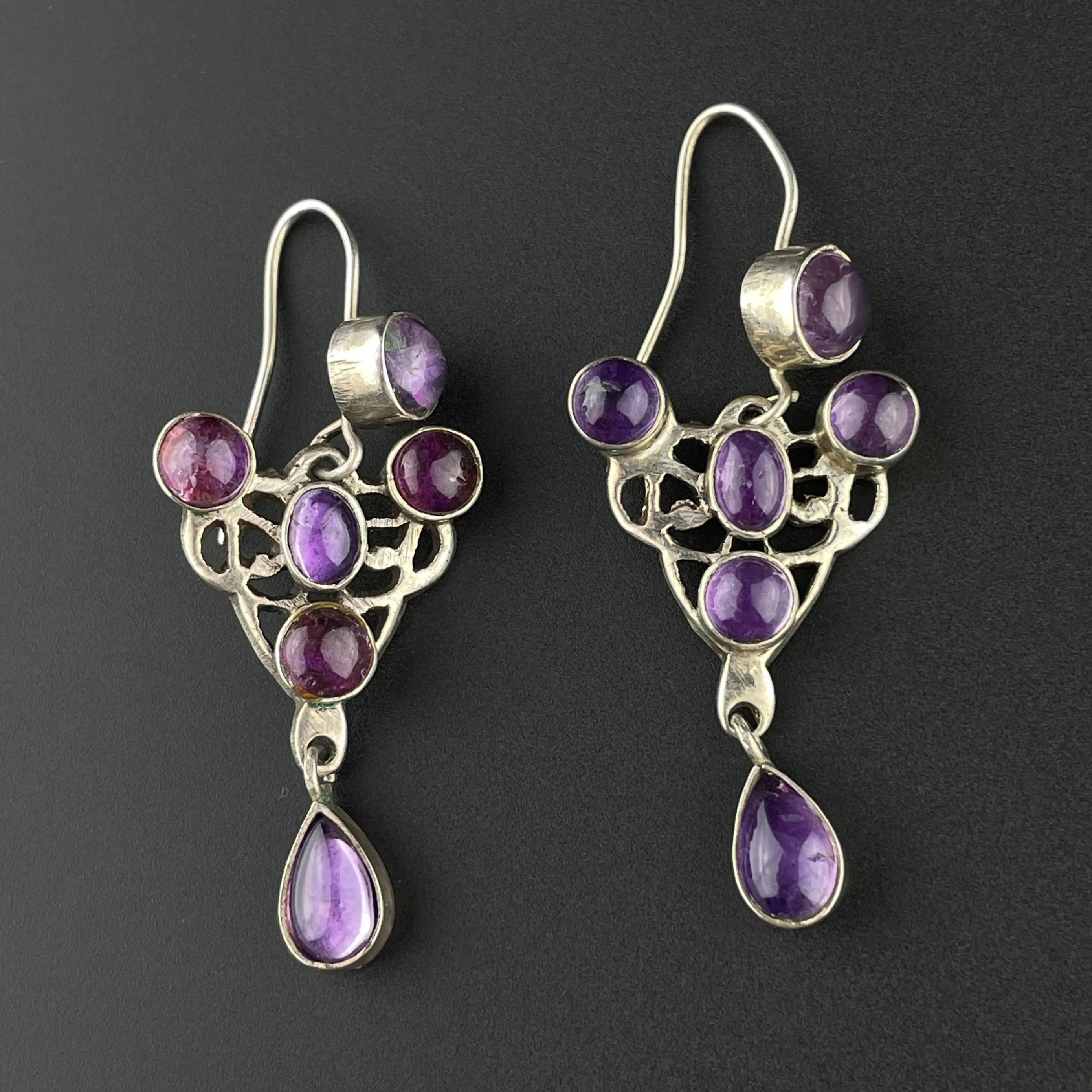 Silver Art Nouveau Style Amethyst Long Dangle Earrings