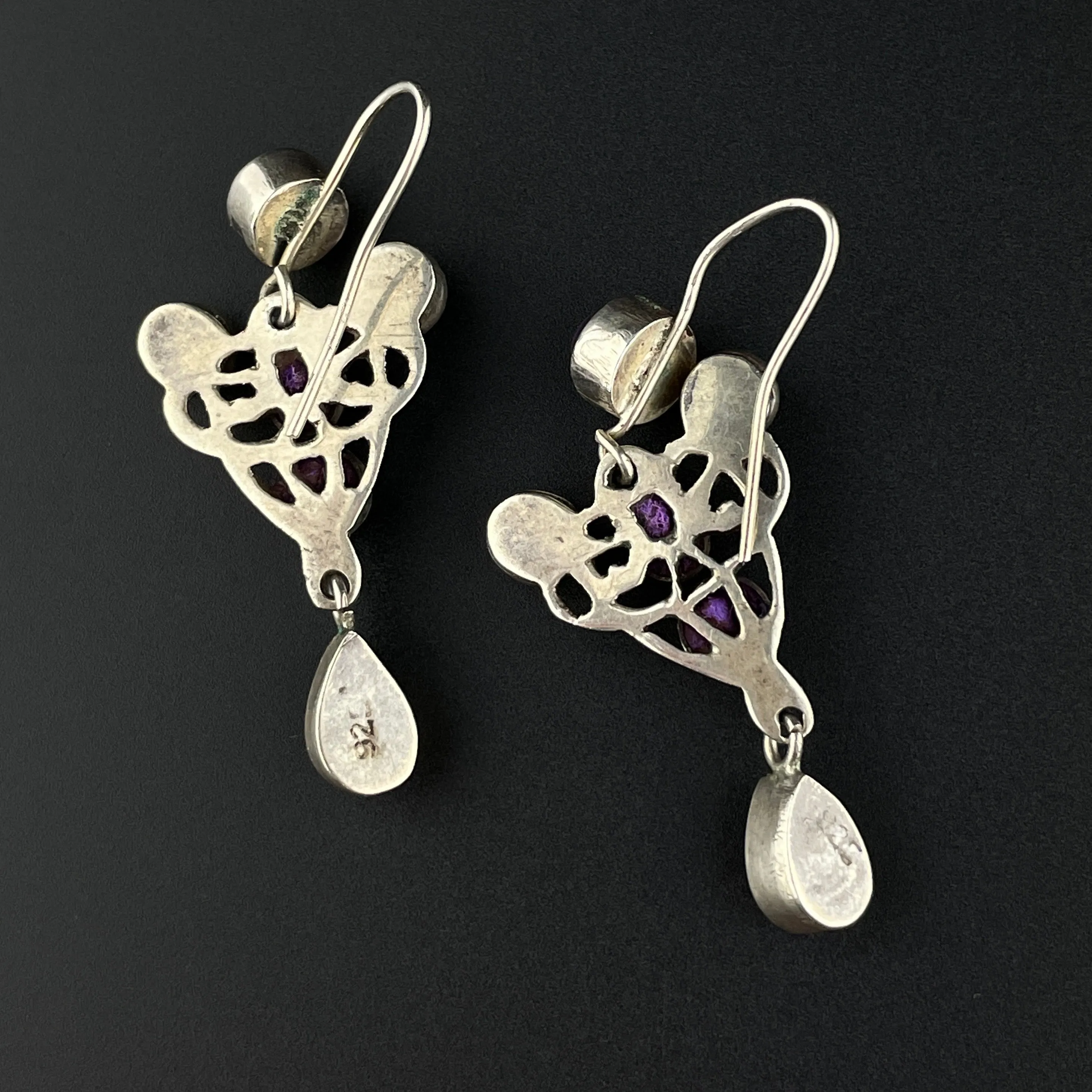 Silver Art Nouveau Style Amethyst Long Dangle Earrings