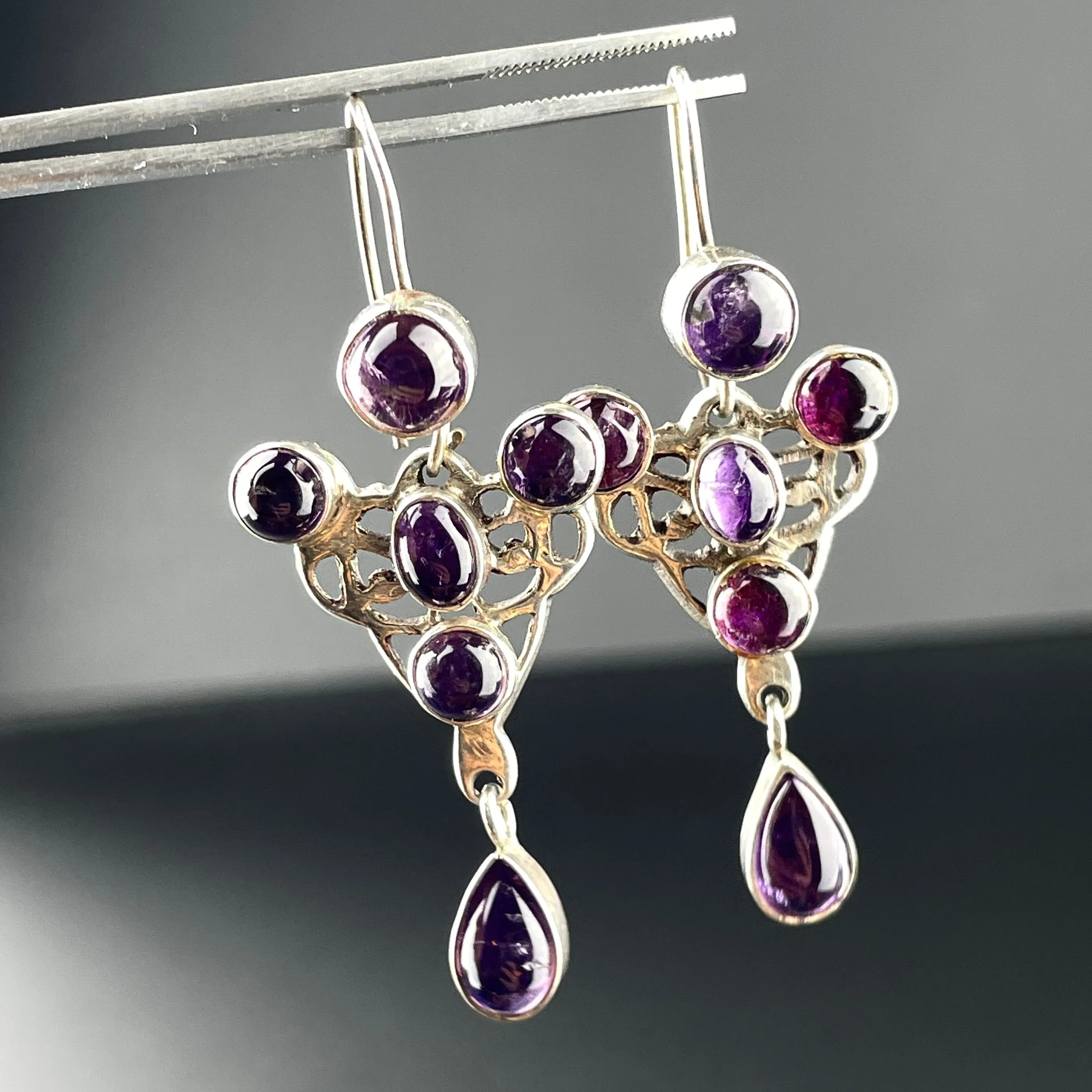 Silver Art Nouveau Style Amethyst Long Dangle Earrings